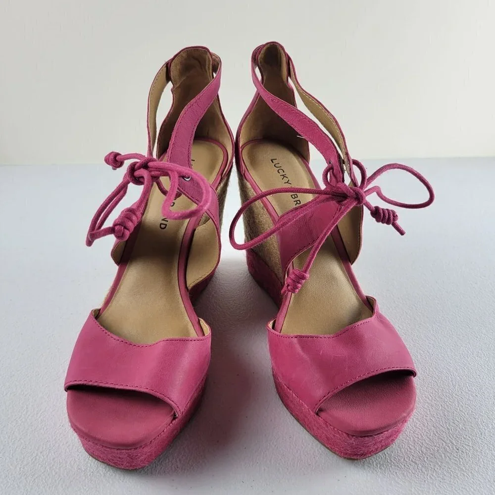 Lucky Brand Strappy Open Toe Wedges Espadilles Sandals Ankle Tie 9 Women Pink